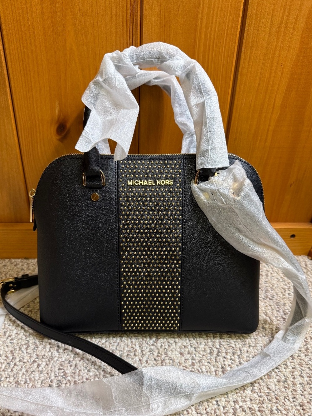 Micheal Kors Black Studded Satchel Handbag with Crossbody Strap Gold Hardware